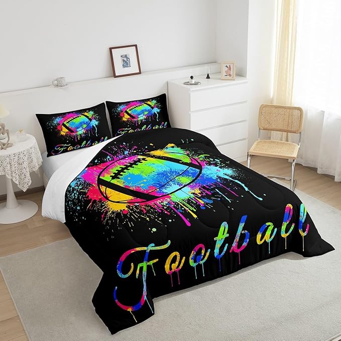 Feelyou Kids Football Comforter Set King Size Rugby Sports Game Bedding Set for Boys Girls Teens Bedroom Decor Tie Dye Comforter Women Men Soccer Player Duvet Set with 2 Pillow Case - LeafyLoom