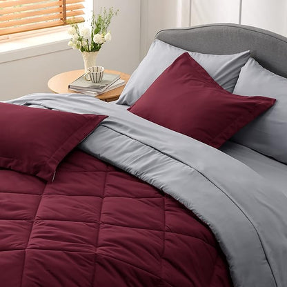 Bedsure Burgundy 7 Piece Reversible Comforter Set - Bed in a Bag with Comforters, Sheets, Pillowcases & Shams - LeafyLoom