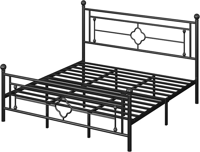 Allewie King Size Metal Platform Bed Frame with Victorian Vintage Headboard and Footboard/Mattress Foundation/Under Bed Storage/No Box Spring Needed/Noise-Free/Easy Assembly, Black - LeafyLoom