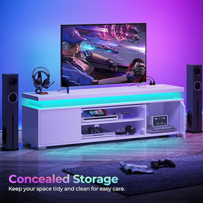 Rolanstar TV Stand with LED Lights & Power Outlet, Modern Entertainment Center for 32/43/50/55/65 Inchs TVs, Table, Universal Gaming Media Stand Storage Cabinet and Large Storage, White - LeafyLoom