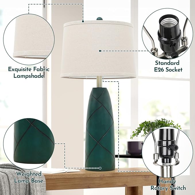 26" Tall Table Lamps for Living Room Set of 2, Modern Green Lamps for Bedrooms, Farmhouse Rustic Bedside Nightstand Lamps, Large End Table Lamps for Office Kids Room Study Room - LeafyLoom