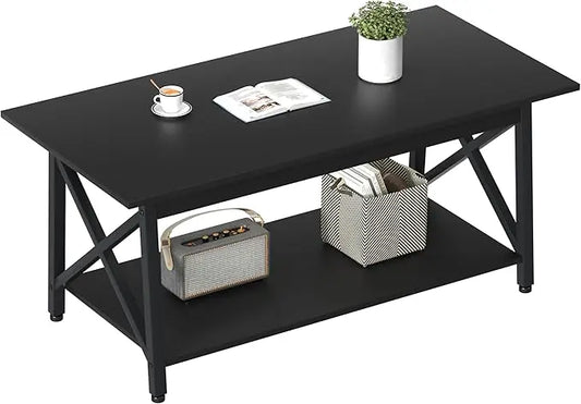 GreenForest Coffee Table with Storage, 39inch Modern Coffee Tables for Living Room, X-Frame Design Farmhouse Black Coffee Table Space Saving Living Room Tables, Easy Assembly, Black - LeafyLoom