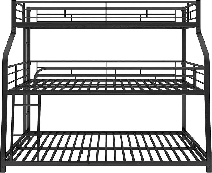 Twin XL/Full XL/Queen Triple Bunk Bed with Long and Short Ladder and Full-Length Guardrails,Metal Bed-Frame for Bedroom/Living Room/Apartment,Guest-Room,Black - LeafyLoom