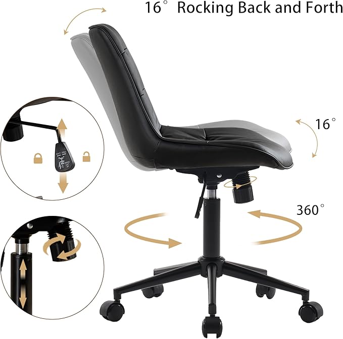 Kidol & Shellder Armless Office Chair Desk Chair Comfy Makeup Vanity Chair with Back Ergonomic Swivel Chair Home Office Desk Chairs with Wheels Rolling Computer Chair Bedroom Accent Chair(Black) - LeafyLoom