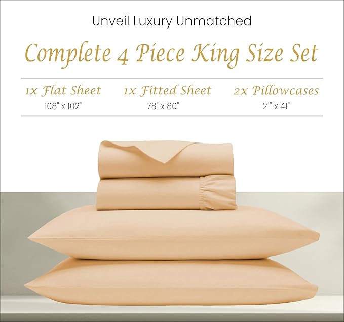 Bluemoon Homes 100% Egyptian Cotton Sheets King Size Deep Pocket - 1000 Thread Count Bed Sheets King Size Set, 4 Pc King Bed Size Sheets Set, Fits Upto 18' Mattress, Luxury Bedding, Sand - LeafyLoom