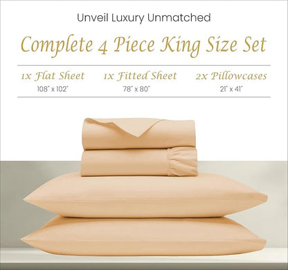 Bluemoon Homes 100% Egyptian Cotton Sheets King Size Deep Pocket - 1000 Thread Count Bed Sheets King Size Set, 4 Pc King Bed Size Sheets Set, Fits Upto 18' Mattress, Luxury Bedding, Sand - LeafyLoom