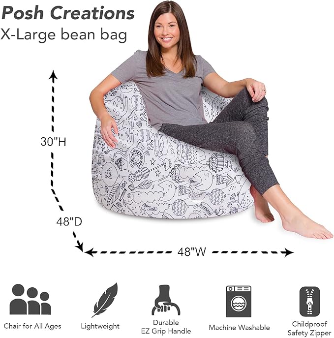 Posh Creations Bean Bag Chair for Kids, Teens, and Adults Includes Removable and Machine Washable Cover, Canvas Coloring Fabric - Fun Creatures, 48in - X-Large - LeafyLoom