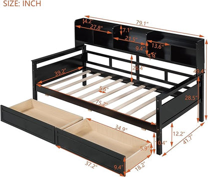 Merax Classic Twin Wooden Storage Daybed,Dual-use Sturdy Sofa Bed for Bedroom Living Room, Espresso - LeafyLoom