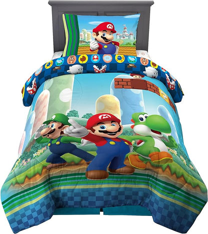 Franco Kids Bedding Super Soft Comforter and Sheet Set, 4 Piece Twin Size, Mario - LeafyLoom