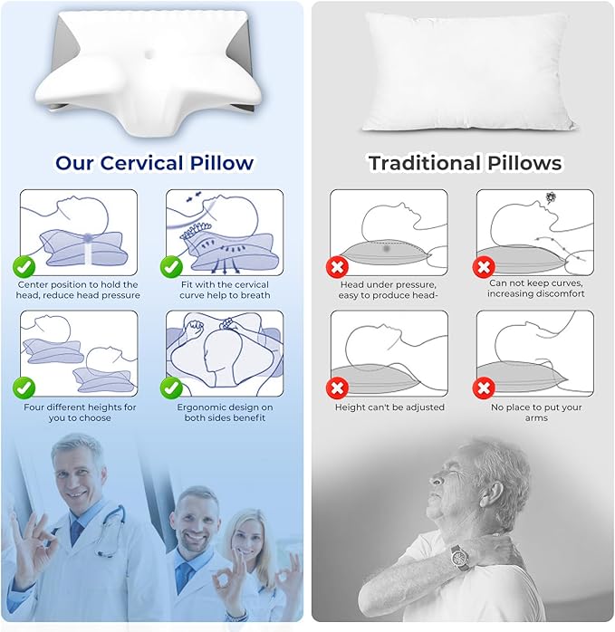 Cervical Pillow for Neck Pain Relief, Cooling Contour Memory Foam Pillows Support Odorless Ergonomic Neck Pillow Adjustable Orthopedic Bed Pillow for Side Back Stomach Sleeper with Pillowcase - LeafyLoom