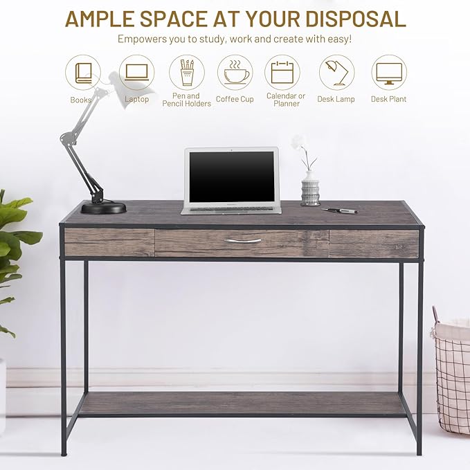 FurnitureR Vintage Wooden Computer Desk with Drawer, 43 Inches Industrial Writing Desk Workstation with Metal Legs and Bottom Shelf for Home Office, Brown - LeafyLoom