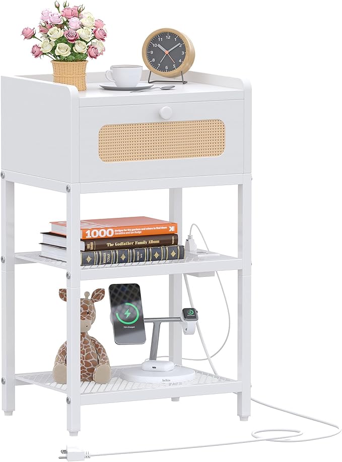 Night Stand, Side Table with Rattan Drawer, Nightstand with Charging Station, Industrial Bedside Table with 3-Tier Storage, White JET003CW1 - LeafyLoom