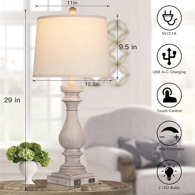 29" Tall Table Lamp for living room set of 2,Vintage Bedside Nightstand Lamps with USB C+A Ports & AC Outlet,3-Way Dimmable Touch Control White Washed Finish Desk Lamp for Bedroom,Color 2 - LeafyLoom