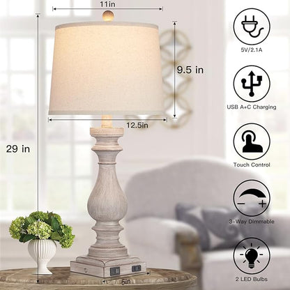 29" Tall Table Lamp for living room set of 2,Vintage Bedside Nightstand Lamps with USB C+A Ports & AC Outlet,3-Way Dimmable Touch Control White Washed Finish Desk Lamp for Bedroom,Color 2 - LeafyLoom