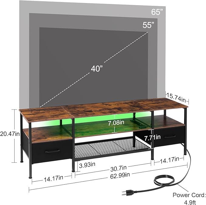 TV Stand for 50/55/60/65 inch TV, LED Entertainment Center with Charging Station, Long TV Table with Storage Drawer and Shelf, TV Console for Living Room Bedroom, Rustic Brown, HTS062BR - LeafyLoom