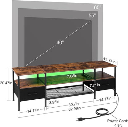 TV Stand for 50/55/60/65 inch TV, LED Entertainment Center with Charging Station, Long TV Table with Storage Drawer and Shelf, TV Console for Living Room Bedroom, Rustic Brown, HTS062BR - LeafyLoom