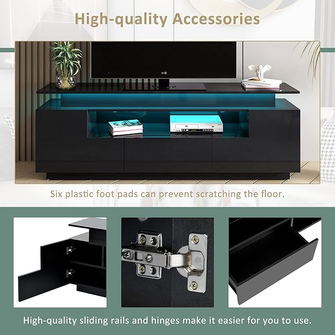 Modern Functional Stand with Color Changing LED Lights and Storage Space, High Gloss Television Cabinet for TVs Up to 75+'' for Living Room Furniture, 75 inch, Black - LeafyLoom