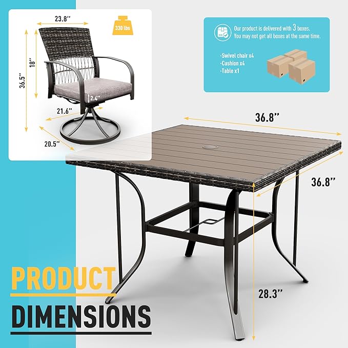 Pamapic 5 Piece Patio Dining Set for 4,Wicker Outdoor Furniture Set for Backyard Garden Deck Poolside with Square Plastic-Wood Table Top,4 Cushions Swivel Rocker Chairs,Removable Cushions(Gray) - LeafyLoom