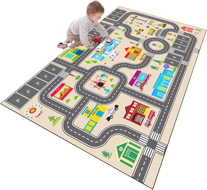 Kids Rug Play Mat for Toy Cars,City Life Road Traffic Educational Carpet,Have Fun Throw Rug,Non-Slip Nursery Rug for Boy and Girl Bedroom 80×160cm/31×63in - LeafyLoom