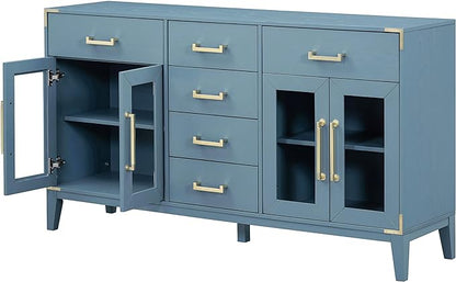 60" Retro Sideboard with 6-Drawer and 2-Cabinet,Multifunctional Buffet,w/Gold Handles & Solid Wood Legs,Extra Large Storage Space,for Kitchen and Living Room,Antique Blue - LeafyLoom