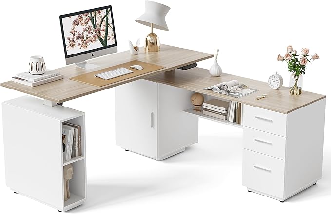 FEZIBO 63" L Shaped Executive Standing Desk with 3-Drawer File Cabinet, Electric Height Adjustable Stand up Desk for Home Office, Computer Desk with Storage Cabinets, White Frame Light Walnut Top - LeafyLoom