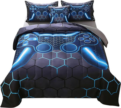 JQinHome Queen Gamer Comforter Set,6 Piece Bed in A Bag 3D Video Game Bedding -All Season Down Alternative Gamer Bedding Sets - (Blue Game Controller) - LeafyLoom