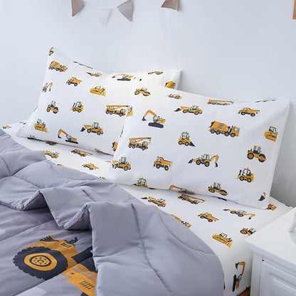 Full Size Comforter Set for Boys, 4-Piece Bed in a Bag, 3D Construction Bedding Comforter Sheet Set, Ultra Soft and Fluffy, Cartoon Truck Cars - LeafyLoom