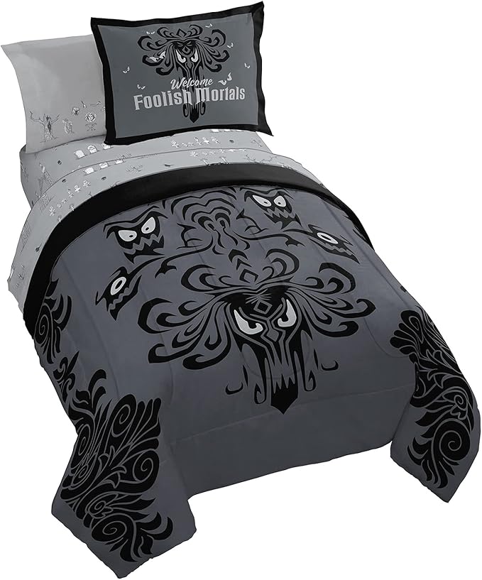 Jay Franco Disney Haunted Mansion Happy Haunts Damask 7 Piece Full Bed Set - includes Reversible Comforter & Sheet Set - Super Soft Fade Resistant Microfiber - (Official Disney Product) - LeafyLoom