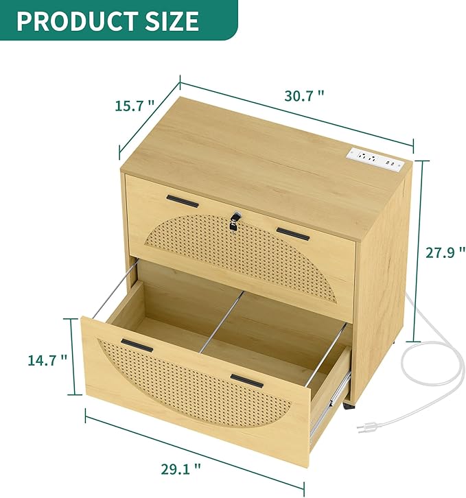 YITAHOME 2 Drawer File Cabinet with Charging Station, Rattan Filing Cabinet with Lock, Wood File Cabinet with Wheels, Home Office Furniture Fits A4, Letter, Legal Size Files - LeafyLoom