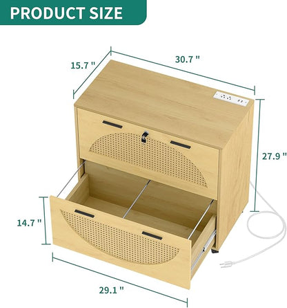 YITAHOME 2 Drawer File Cabinet with Charging Station, Rattan Filing Cabinet with Lock, Wood File Cabinet with Wheels, Home Office Furniture Fits A4, Letter, Legal Size Files - LeafyLoom