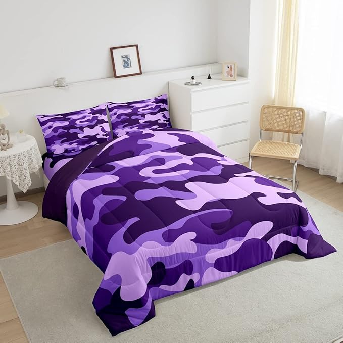 Full Size Camouflage Comforter Set 3Pcs Kids Bedding Set for Boys Girls Teens 1 Comforter & 2 Pillowcases(Full,Purple) Boys - LeafyLoom