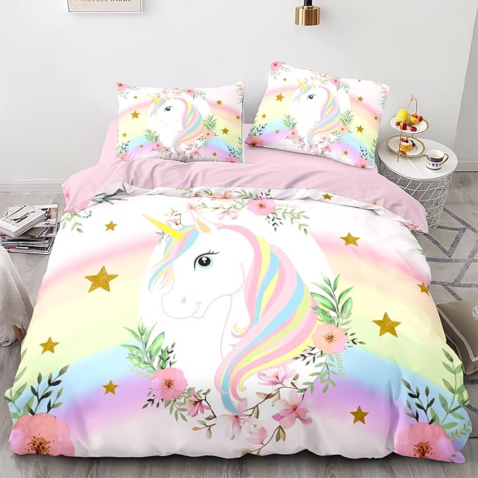 Kids Comforter Bedding Set 3 Piece Super Soft Breathable Print Kids Bedding Sets for Girls, Machine Washable Durable Comforter Set with Comforter, 2 Pillowcases Flowers Stars (Twin,Unicorn) - LeafyLoom