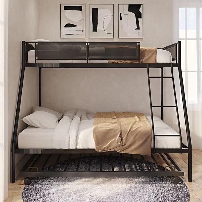 Twin over Full Metal Bunk Bed with Trundle,Sturdy-Metal Bed-Frame,Noise-Free Wood Slats,Comfortable Textilene Guardrail,Space-saving Trundle,Bunk-Bed for Three,No Box Spring Needed,Black - LeafyLoom