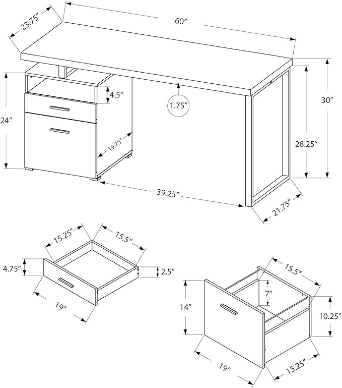 Monarch Specialties I 7145 Computer Writing Desk for Home & Office Laptop Table with Drawers Open Shelf and File Cabinet-Left or Right Set Up, 60" L, Cappuccino - LeafyLoom