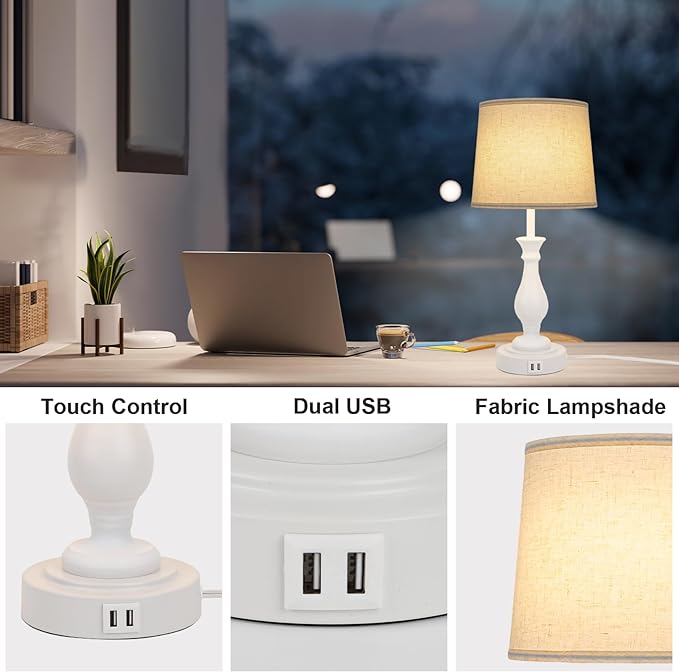 Farmhouse Table Lamp Touch Control 3-Way Dimmable Table Lamp, Modern Nightstand Lamp with 2 USB Port Bedside Desk Lamp with Fabric Shade for Living Room Bedroom Hotel (Pack-01 White) - LeafyLoom