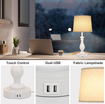 Farmhouse Table Lamp Touch Control 3-Way Dimmable Table Lamp, Modern Nightstand Lamp with 2 USB Port Bedside Desk Lamp with Fabric Shade for Living Room Bedroom Hotel (Pack-01 White) - LeafyLoom