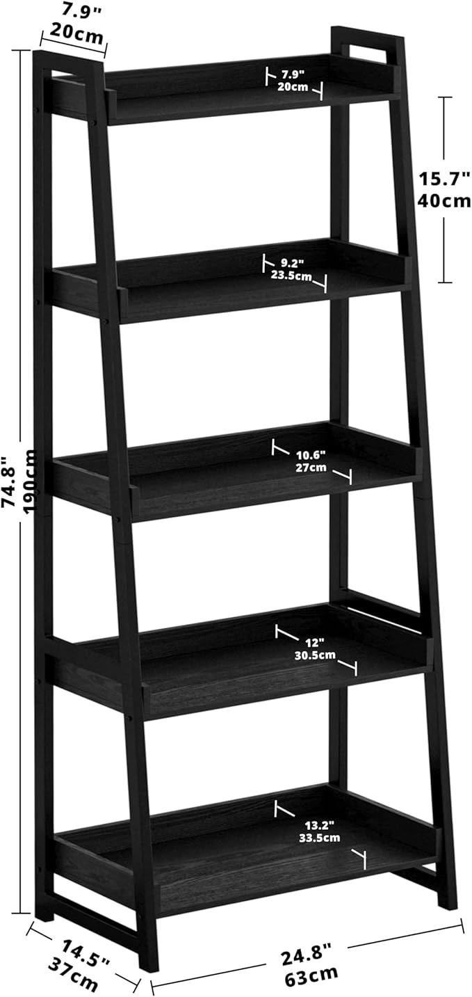 IRONCK Industrial Bookshelf 5-Tier, Bookcase Ladder Shelf, Storage Shelves Rack Shelf Unit, Accent Furniture Metal Frame, Home Office Furniture for Bathroom, Living Room - LeafyLoom