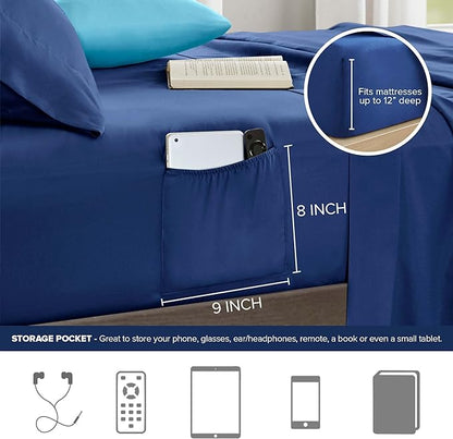 Comfort Spaces Twin Comforter Sets with Sheets - Bed in a Bag 6 Pieces Teen Bedding Sets Twin, Navy and Grey Stripes Bedding Twin, College Twin Bed Set, 2 Side Pockes Bedroom Organizer Twin Navy - LeafyLoom