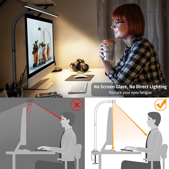 EppieBasic LED Desk Lamp,Architect Clamp Desk Lamps for Home Office,24W Brightest Led Workbench Office Lighting-6 Color Modes and Stepless Dimming Modern Desk Lamp for Monitor Studio Reading - LeafyLoom