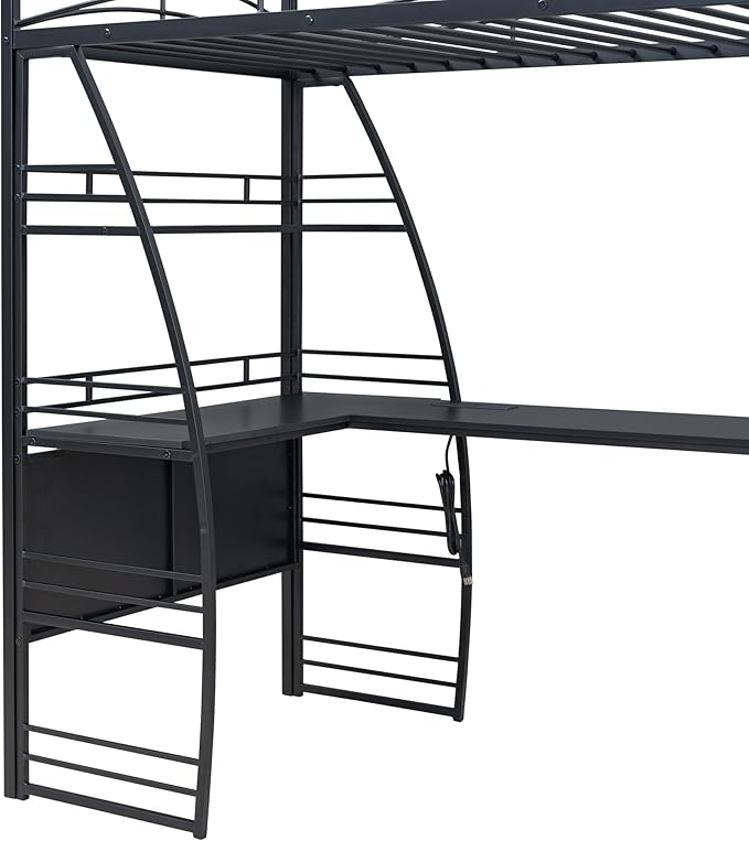 RITSU Twin Size Loft Bed with Storage 4 Layers Shelves and L-Shaped Desk, Strong Metal Bedframe, USB Ports Sockets and Wireless Charging, for Children's Room, Teens, Black - LeafyLoom