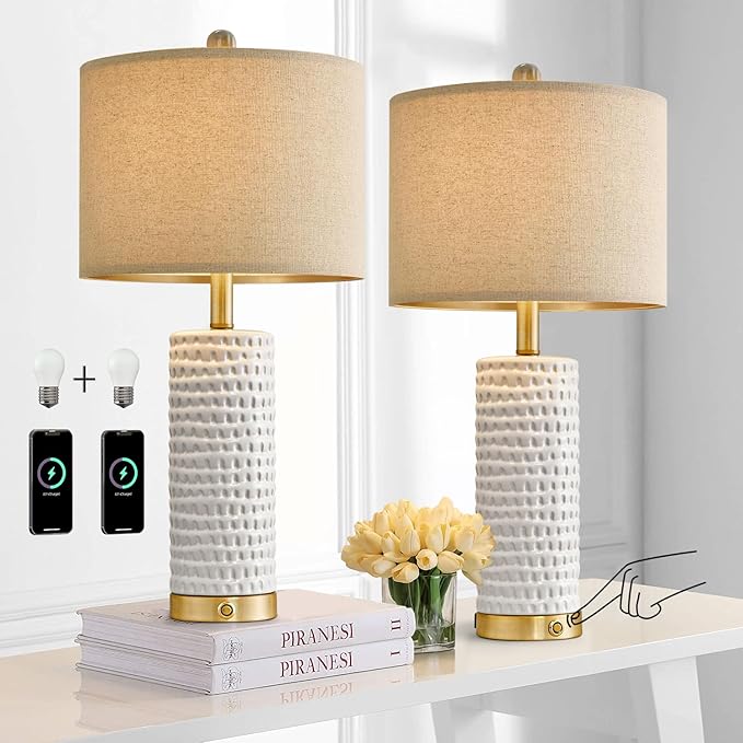 PORTRES 24" Farmhouse 3-Way Dimmable Touch Ceramic Table Lamp Set of 2 for Bedroom White Bedside Lamps with USB A+C Charging Ports for Living room Nightstand Lamp End Table lamps - LeafyLoom