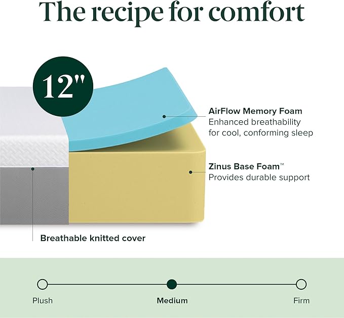 ZINUS 12 Inch Green Tea Essential Memory Foam Mattress [New Version], Queen, Fiberglass Free, Medium Feel, Breathable Airflow Memory Foam, Certified Safe Foams & Fabric, Mattress in A Box - LeafyLoom