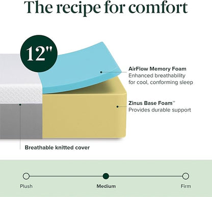 ZINUS 12 Inch Green Tea Essential Memory Foam Mattress [New Version], Queen, Fiberglass Free, Medium Feel, Breathable Airflow Memory Foam, Certified Safe Foams & Fabric, Mattress in A Box - LeafyLoom