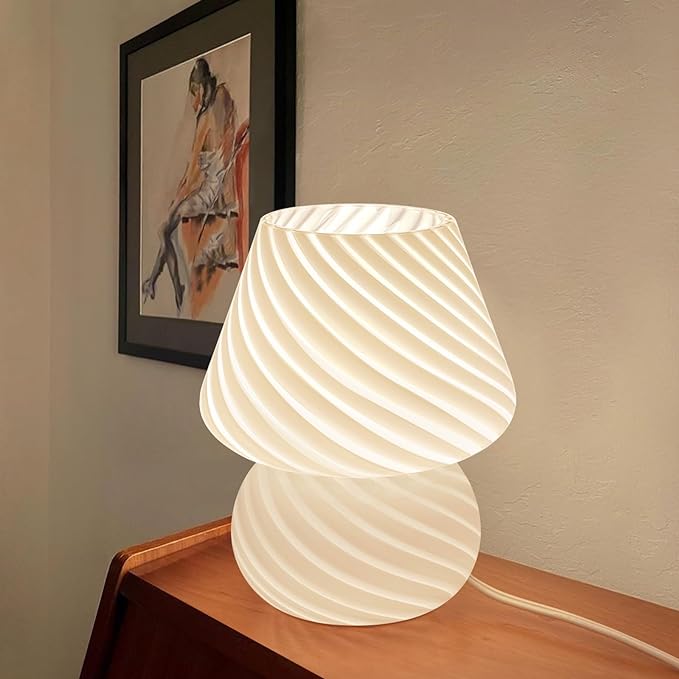 Mushroom Lamp-Small Bedside Table Lamp with Striped Glass, Nightstand Lamp for Bedroom, Living Room, 3000K E26 Bulb Included(White) - LeafyLoom