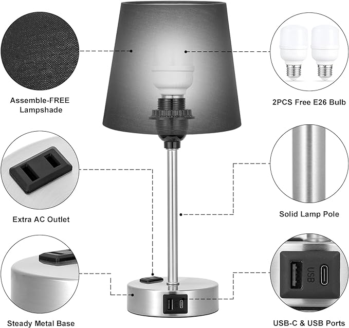 Table Lamps for Bedrooms Set of 2 Bedside - Nightstand Bedroom Lamp with USB C Port and AC Outlet Charging, Dimmable Touch Small End Side Lamp, Black Night Stand Light for Kid/Guest Room/Living Room - LeafyLoom