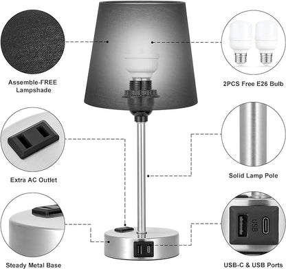 Table Lamps for Bedrooms Set of 2 Bedside - Nightstand Bedroom Lamp with USB C Port and AC Outlet Charging, Dimmable Touch Small End Side Lamp, Black Night Stand Light for Kid/Guest Room/Living Room - LeafyLoom