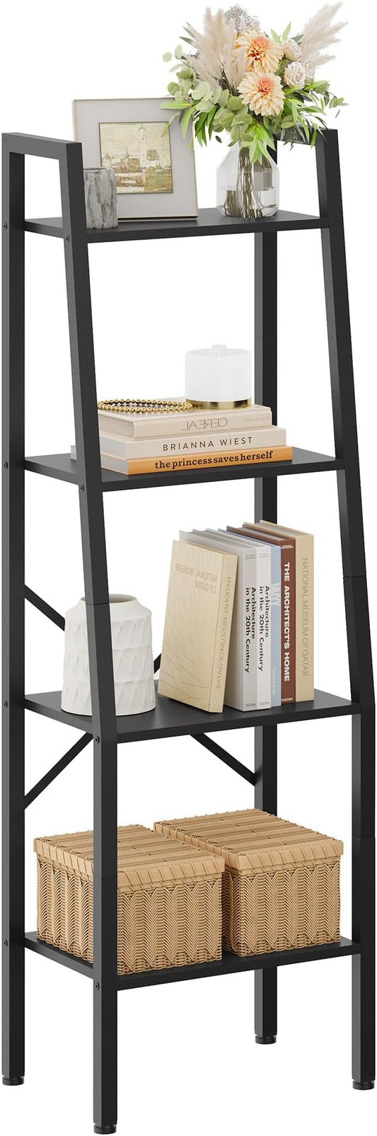 Hoctieon Ladder Shelf Bookcase, 4-Tier Ladder Bookshelf, Tall Bookshelf with Metal Frame, Industrial Bookshelf Ladder, for Living Room, Kitchen, Home Office, Bedroom, Simple Assembly, Black - LeafyLoom