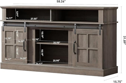 TV Stand with 2 Sliding Barn Doors, 58 Inch TV Stand with Storage Cabinet and Shelves, Television Stands with Storage for Living Room, Bedroom, Brown - LeafyLoom