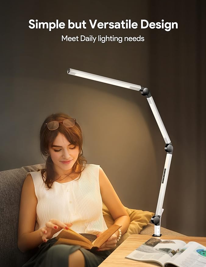 MediAcous LED Desk Lamp with Clamp, Dual Light Desk Lamp with Swing Arm, Dimmable 4 Color Modes & 4 Brightness Table Lamp, Eye-Caring Clip-on Lamp with Memory Function for Home Office, White - LeafyLoom