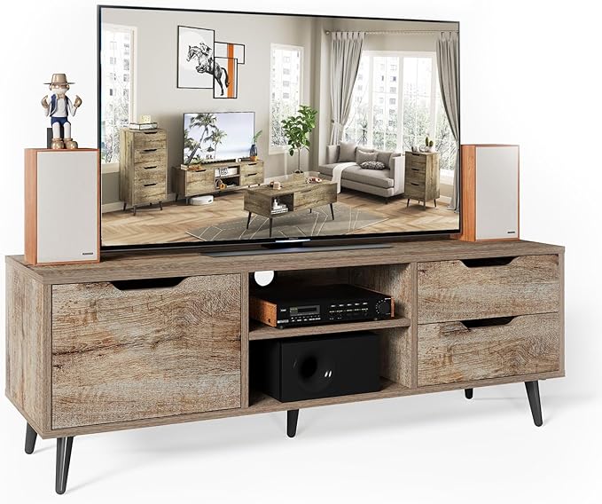 Maxtown TV Stands for Living Room, TV Console Table for 55 Inch TV, Entertainment Center with 1 Cabinet, 2 drawers, Media Console with Metal Feet for Bedroom, Living Room, Walnut - LeafyLoom